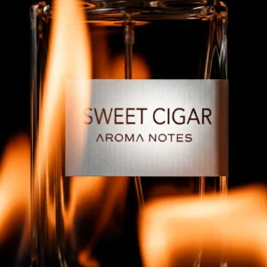 Aroma Notes Sweet Cigar perfume bottle beside open flame