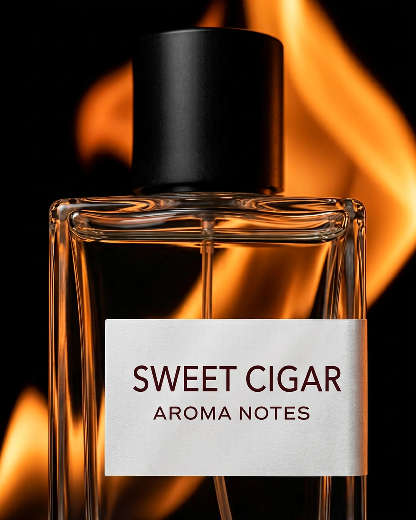 Aroma Notes Sweet Cigar perfume bottle surrounded by flame with reflection