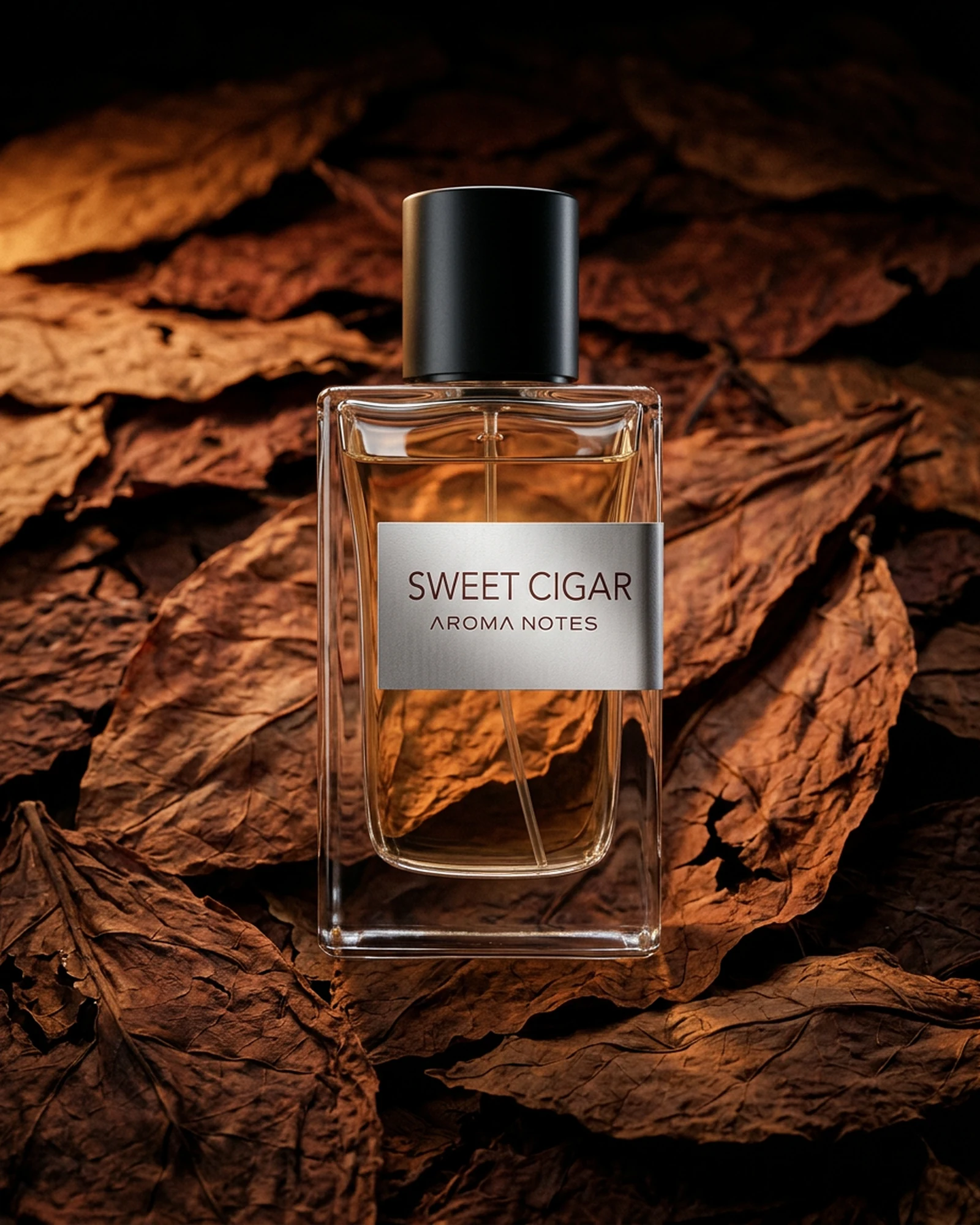 Aroma Notes Sweet Cigar perfume bottle on dried tobacco leaves