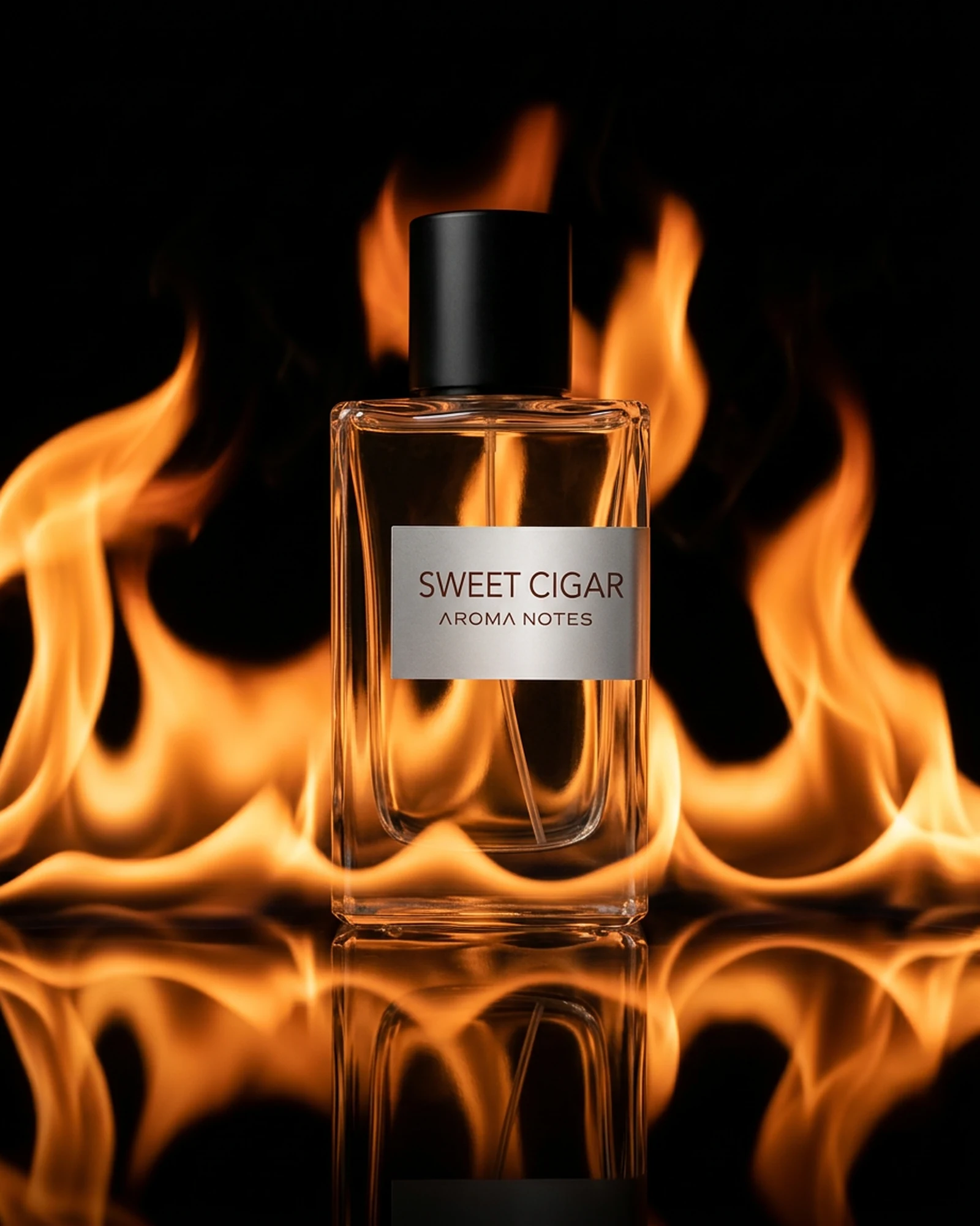 Aroma Notes Sweet Cigar perfume bottle centered in flame with reflection