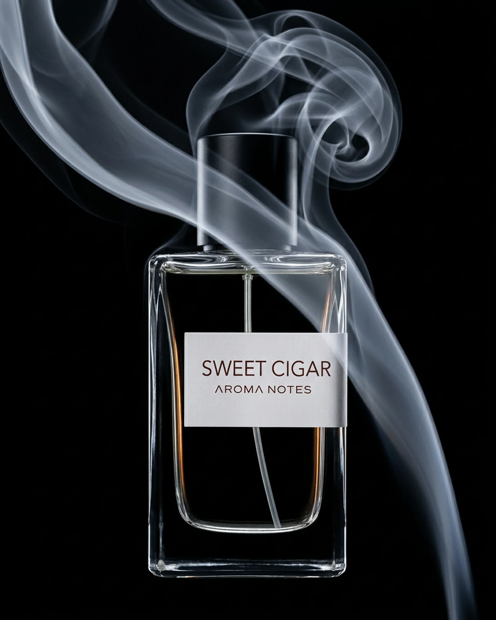 Aroma Notes Sweet Cigar perfume bottle with a wisp of smoke against black background