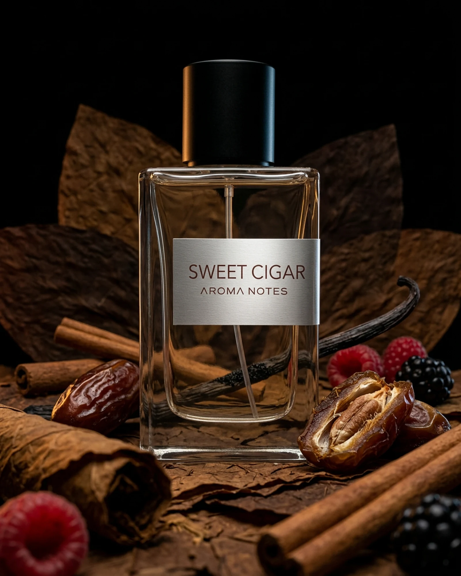 Aroma Notes Sweet Cigar perfume bottle styled with tobacco leaf, dates, cinnamon and berries